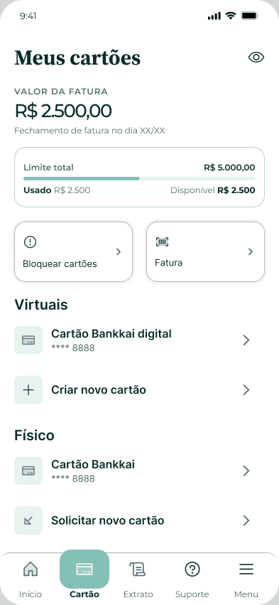 Tela de cartões do aplicativo Bankkai.