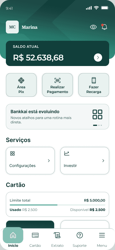 Home do aplicativo Bankkai com saldo, atalhos PIX, serviços e cartão.