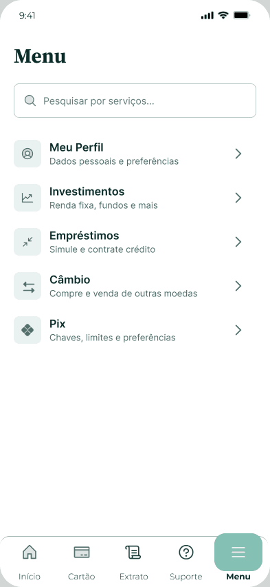 Menu de navegação do aplicativo Bankkai.