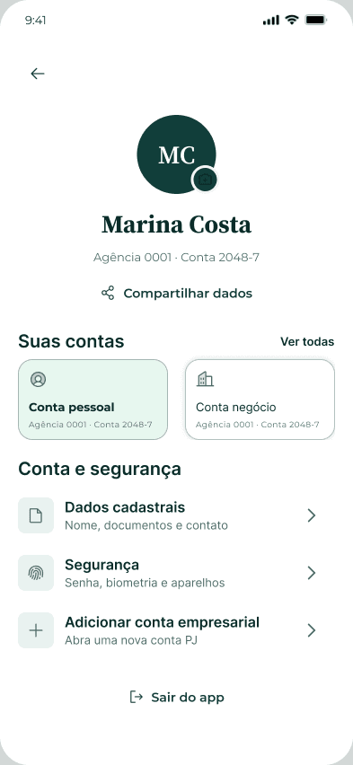Perfil e dados da pessoa no aplicativo Bankkai.