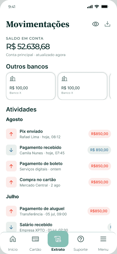 Extrato do aplicativo Bankkai com saldo e histórico de movimentações.
