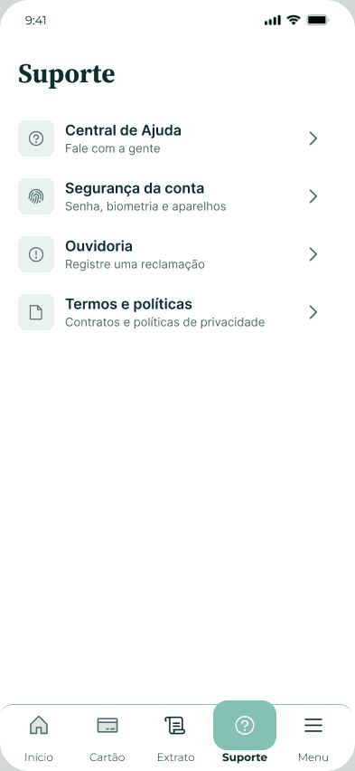 Tela de suporte e serviços do aplicativo Bankkai.