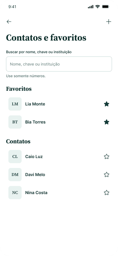 Contatos e favoritos do aplicativo Bankkai.