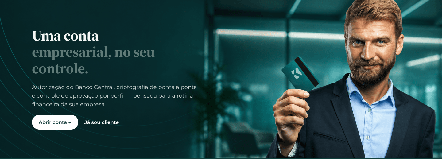 Hero do site Bankkai com proposta da conta empresarial e chamada para abertura de conta.