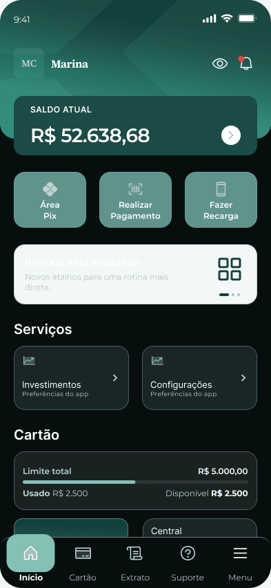 Home do Bankkai no tema escuro, com saldo, serviços e cartão.