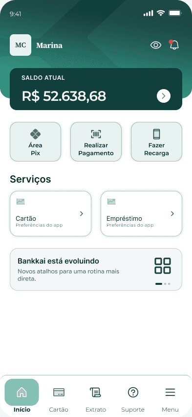 Home do Bankkai no tema claro, com saldo e atalhos de operações.