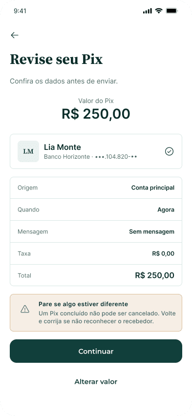 Revise seu Pix: valor, destinatário e conferência antes de enviar.