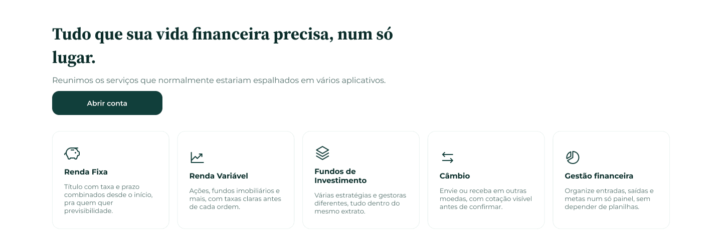 Grade de produtos Bankkai: investimentos, câmbio e gestão financeira.