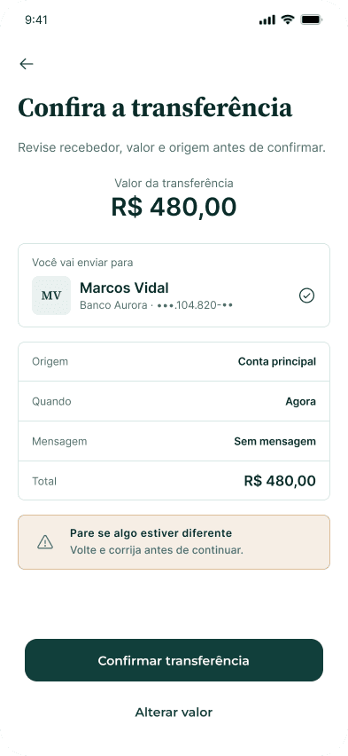 Confira a transferência: revisão de dados antes de confirmar o pagamento.